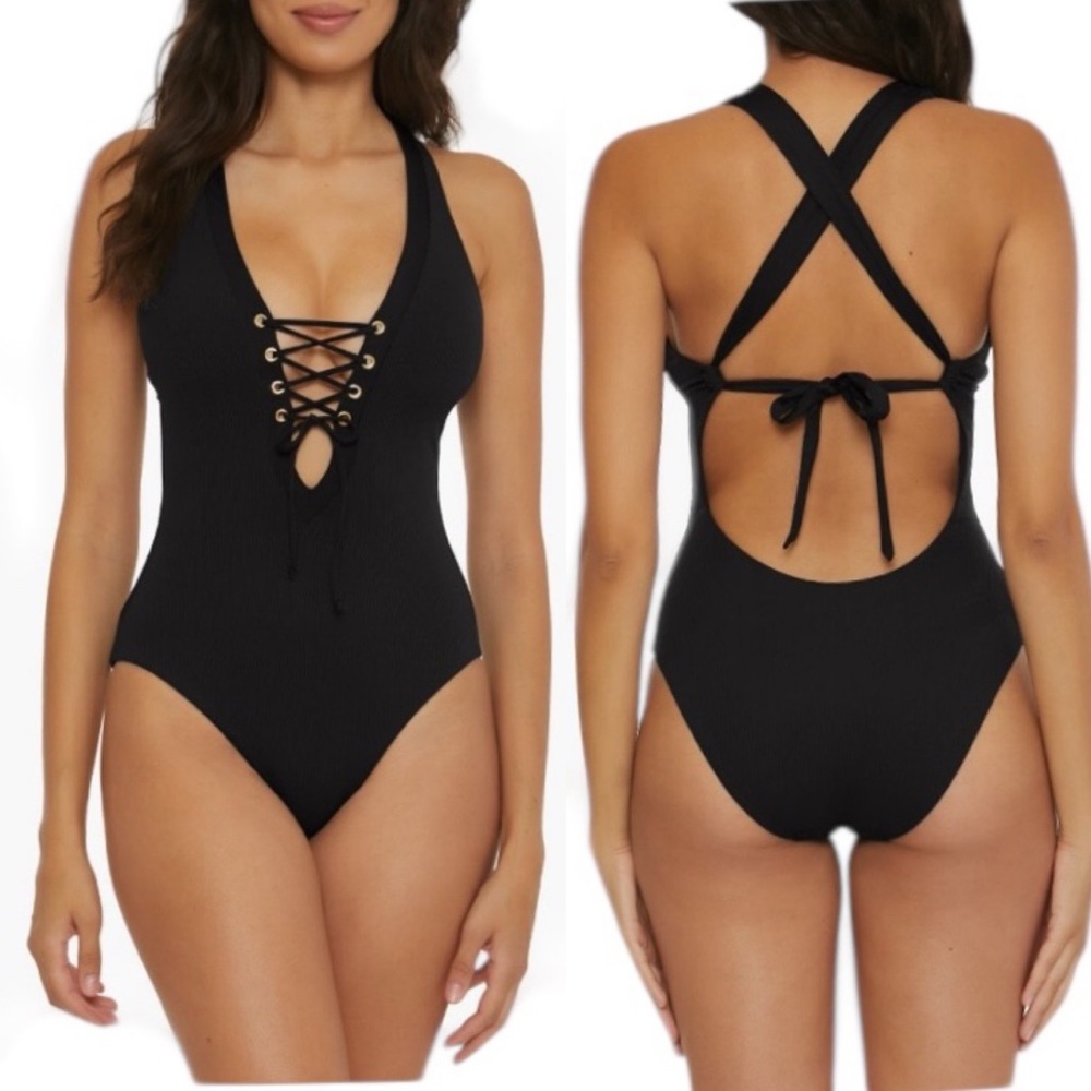 BECCA Modern Edge Ribbed One Piece Lace Up Plunge Swimsuit! Retail $149